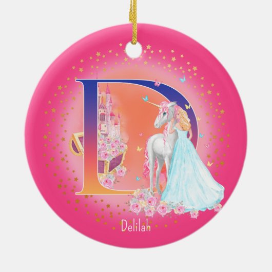 Eenhoorn en Prinses Letter D Monogram Kerst Keramisch Ornament (Achterkant)