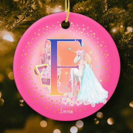 Eenhoorn en Prinses Letter E Monogram Kerst Keramisch Ornament