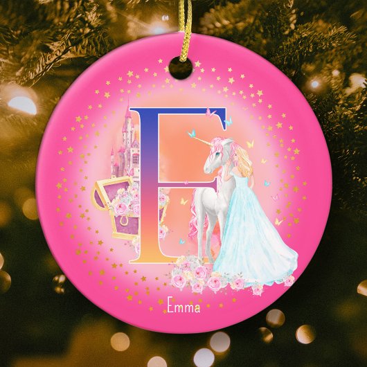 Eenhoorn en Prinses Letter E Monogram Kerst Keramisch Ornament