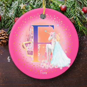 Eenhoorn en Prinses Letter F Monogram Kerst Keramisch Ornament