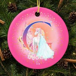 Eenhoorn en Prinses Letter G Monogram Kerst Keramisch Ornament