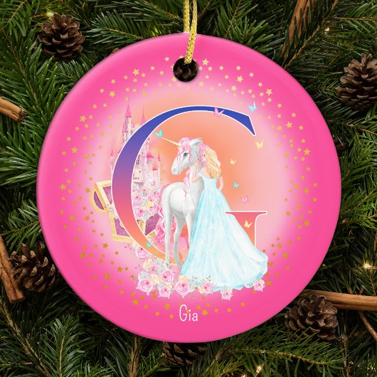 Eenhoorn en Prinses Letter G Monogram Kerst Keramisch Ornament