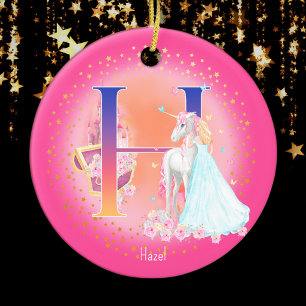Eenhoorn en Prinses Letter H Monogram Kerst Keramisch Ornament