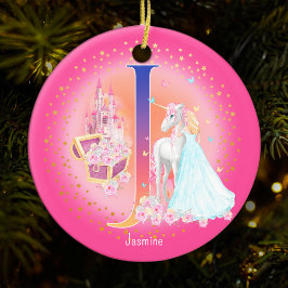 Eenhoorn en Prinses Letter J Monogram Kerst Keramisch Ornament