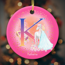 Eenhoorn en Prinses Letter K Monogram Kerst Keramisch Ornament