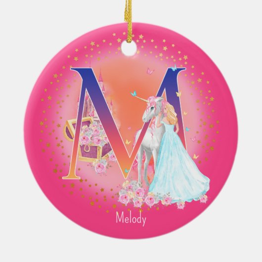 Eenhoorn en Prinses Letter M Monogram Kerst Keramisch Ornament (Achterkant)