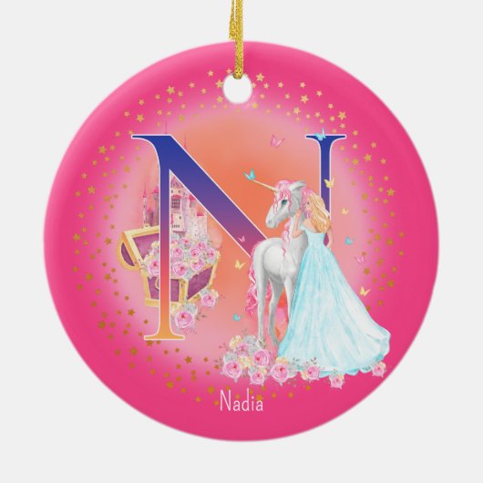 Eenhoorn en Prinses Letter N Monogram Kerst Keramisch Ornament (Achterkant)