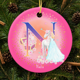 Eenhoorn en Prinses Letter N Monogram Kerst Keramisch Ornament