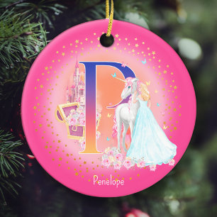 Eenhoorn en Prinses Letter P Monogram Kerst Keramisch Ornament