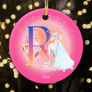 Eenhoorn en Prinses Letter R Monogram Kerst Keramisch Ornament