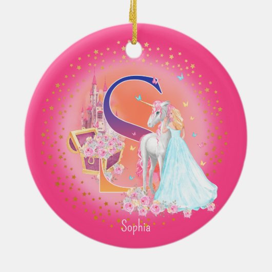 Eenhoorn en Prinses Letter S Monogram Kerst Keramisch Ornament (Achterkant)
