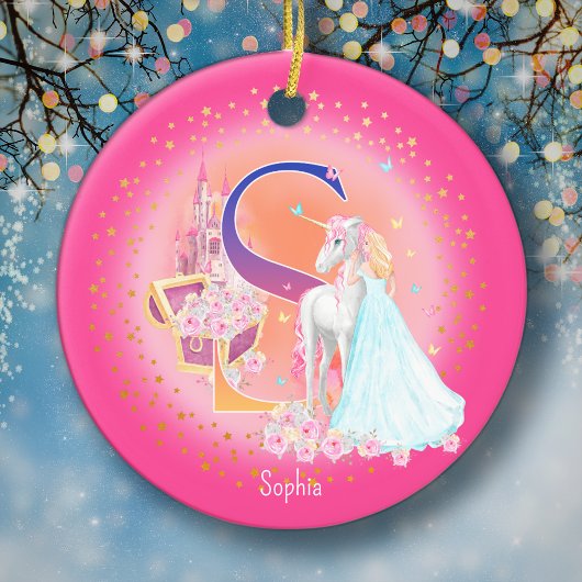 Eenhoorn en Prinses Letter S Monogram Kerst Keramisch Ornament