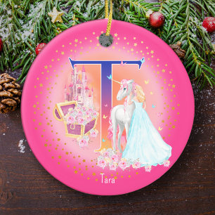 Eenhoorn en Prinses Letter T Monogram Kerst Keramisch Ornament