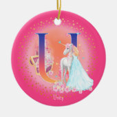 Eenhoorn en Prinses Letter U Monogram Kerst Keramisch Ornament (Voorkant)