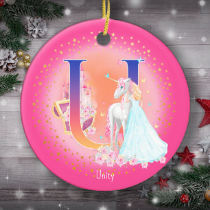 Eenhoorn en Prinses Letter U Monogram Kerst Keramisch Ornament