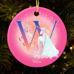 Eenhoorn en Prinses Letter W Monogram Kerst Keramisch Ornament
