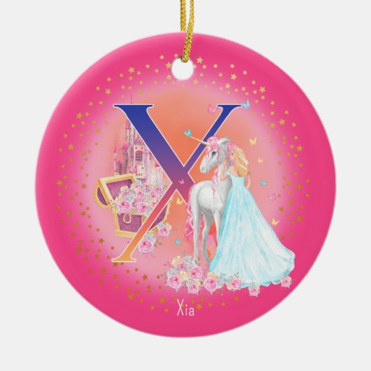 Eenhoorn en Prinses Letter X Monogram Kerst Keramisch Ornament (Voorkant)