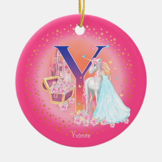 Eenhoorn en Prinses Letter Y Monogram Kerst Keramisch Ornament (Voorkant)