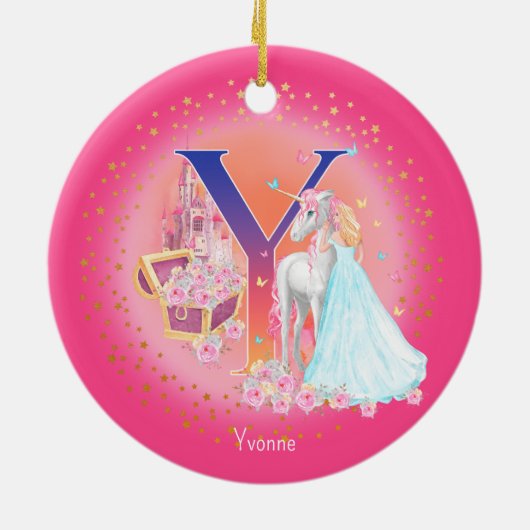 Eenhoorn en Prinses Letter Y Monogram Kerst Keramisch Ornament (Achterkant)