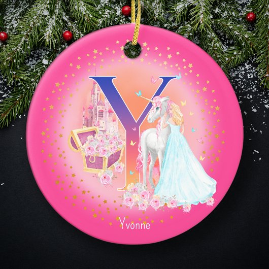 Eenhoorn en Prinses Letter Y Monogram Kerst Keramisch Ornament