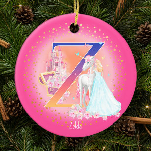 Eenhoorn en Prinses Letter Z Monogram Kerst Keramisch Ornament