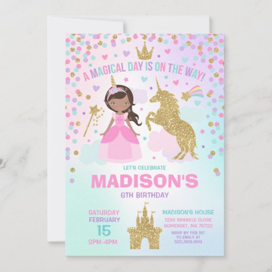Eenhoorn en prinses uitnodiging magische verjaarda (Voorkant)