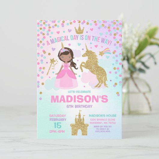 Eenhoorn en prinses uitnodiging magische verjaarda (Staand voorkant)