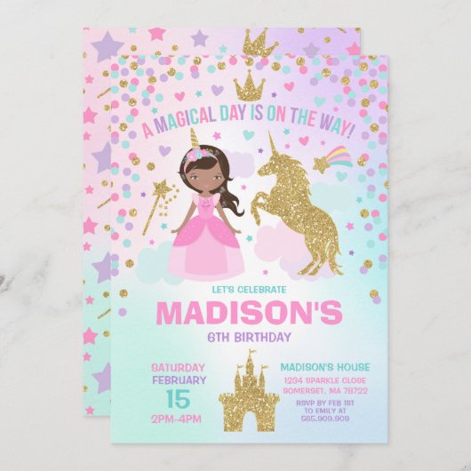Eenhoorn en prinses uitnodiging magische verjaarda (Voorkant / Achterkant)