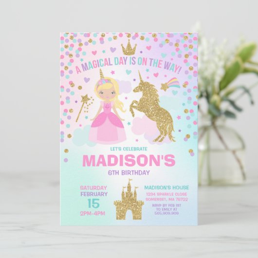 Eenhoorn en prinses uitnodiging magische verjaarda (Staand voorkant)