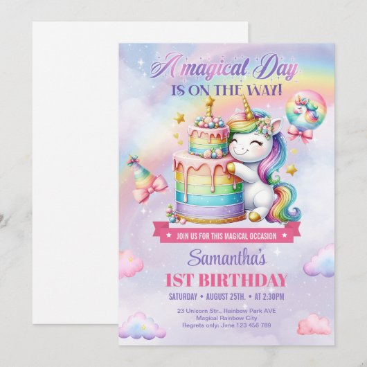 Eenhoorn en Rainbows Verjaardagstaart eerste Verja Kaart (Voorkant / Achterkant)