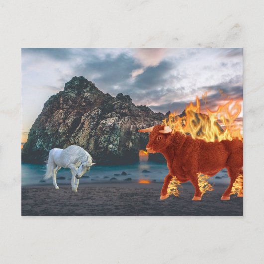 Eenhoorn en Red Flaming Bull op het strand Briefkaart (Voorkant)