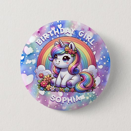 Eenhoorn en regenboog gepersonaliseerd verjaardags ronde button 5,7 cm (Voorkant)