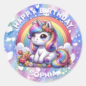 Eenhoorn en regenboog gepersonaliseerd verjaardags ronde sticker (Voorkant)