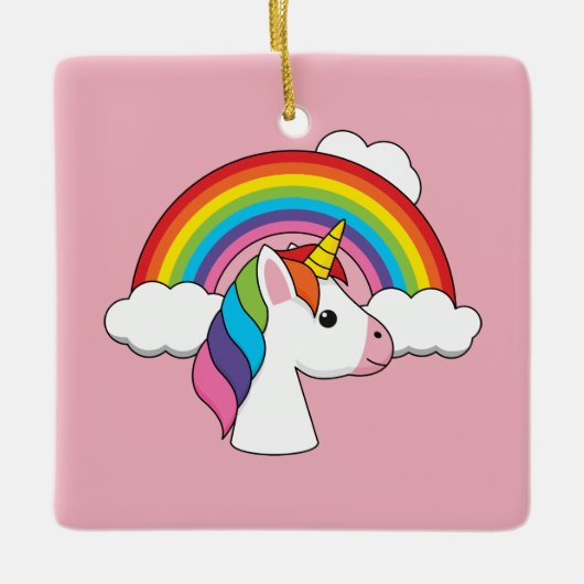 Eenhoorn en Regenboog met Wolken Kawaii Keramisch Ornament (Voorkant)