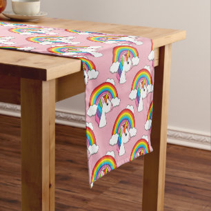 Eenhoorn en Regenboog met Wolken Kawaii Korte Tafelloper