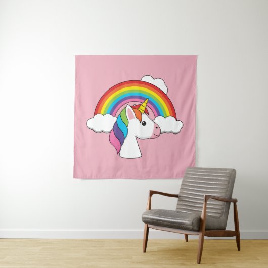 Eenhoorn en Regenboog met Wolken Kawaii Wandkleed (In situ)
