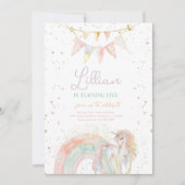 Eenhoorn en Regenboog Pastel Verjaardag Uitnodigin Kaart (Voorkant)