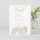 Eenhoorn en Regenboog Pastel Verjaardag Uitnodigin Kaart (Staand voorkant)