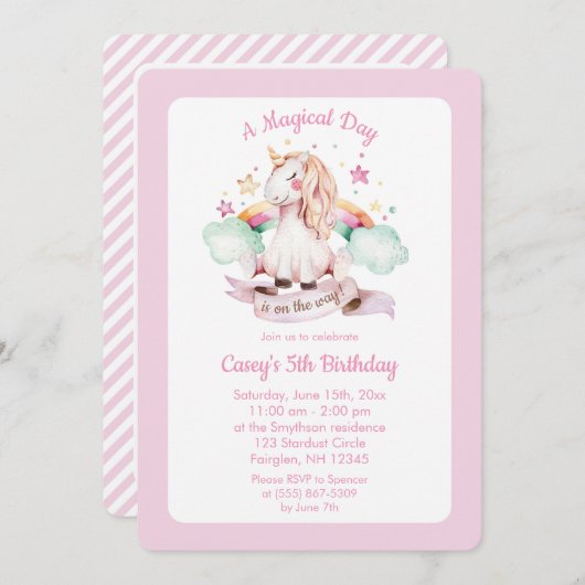 Eenhoorn en Regenboog Roze Waterverf Verjaardag Kaart (Voorkant / Achterkant)