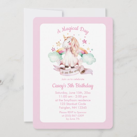 Eenhoorn en Regenboog Roze Waterverf Verjaardag Kaart (Voorkant)