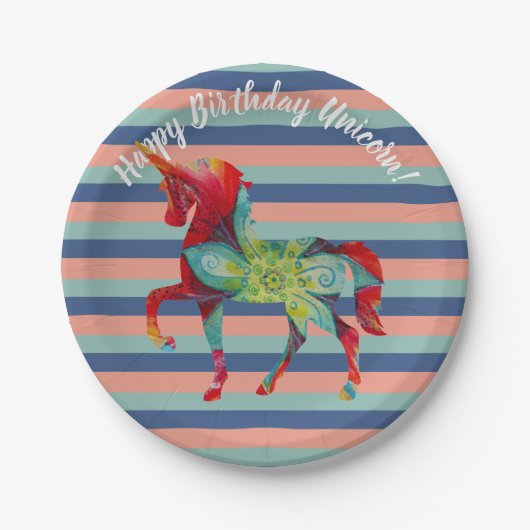 Eenhoorn en Strepen Verjaardagspapier Borden Papieren Bordje (Voorkant)