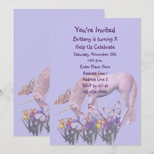 Eenhoorn en Vlinders Verjaardagsfeestje Kaart (Voorkant / Achterkant)