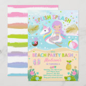 Eenhoorn en Zeemeermin Beach Party Uitnodiging (Voorkant / Achterkant)