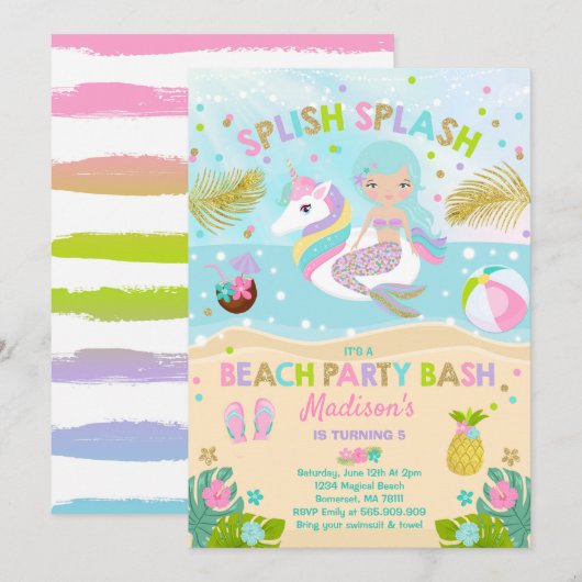 Eenhoorn en Zeemeermin Beach Party Uitnodiging (Voorkant / Achterkant)
