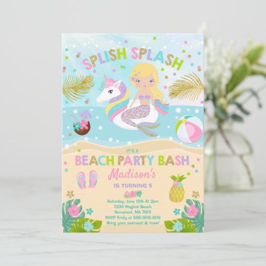 Eenhoorn en Zeemeermin Beach Party Uitnodiging (Staand voorkant)