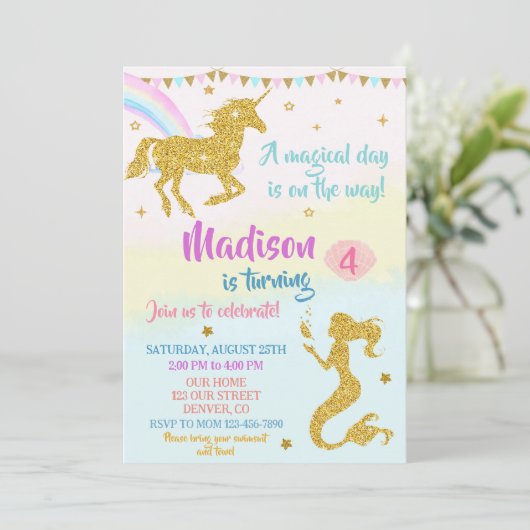 Eenhoorn en zeemeermin verjaardag uitnodiging voor (Staand voorkant)