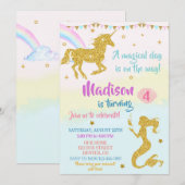 Eenhoorn en zeemeermin verjaardag uitnodiging voor (Voorkant / Achterkant)