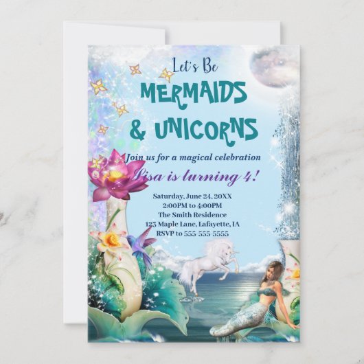Eenhoorn en Zeemeermin verjaardagsfeestje uitnodig Kaart (Voorkant)