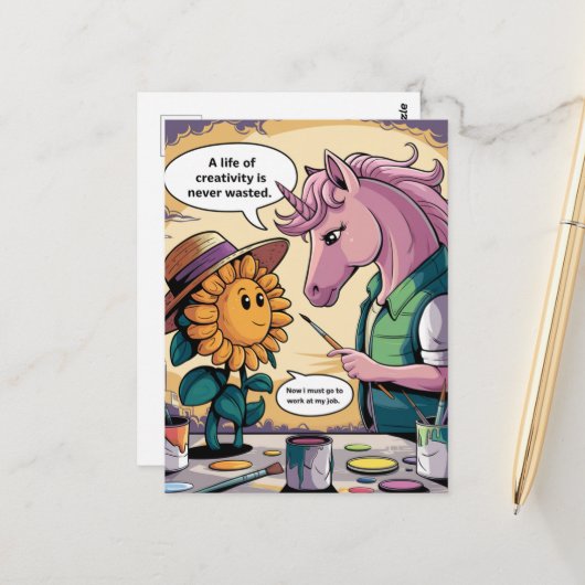Eenhoorn en zonnebloem Een leven van creativiteit  Briefkaart (Voorkant / Achterkant in situ)