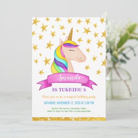 Eenhoorn Faux Gold Glitter Sterren | Verjaardag Kaart (Staand voorkant)